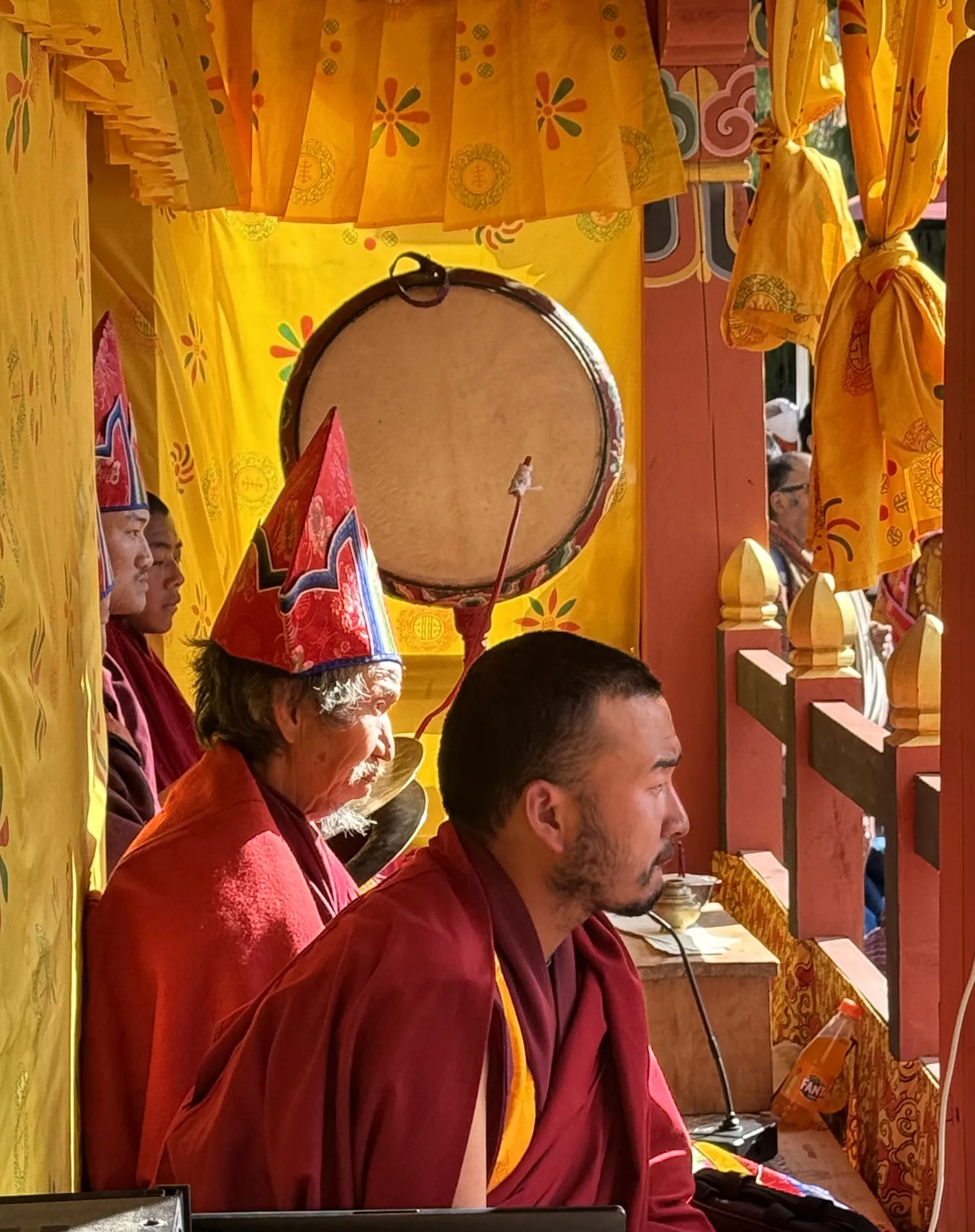 Monastics during a ceremony in a Bhutanese temple